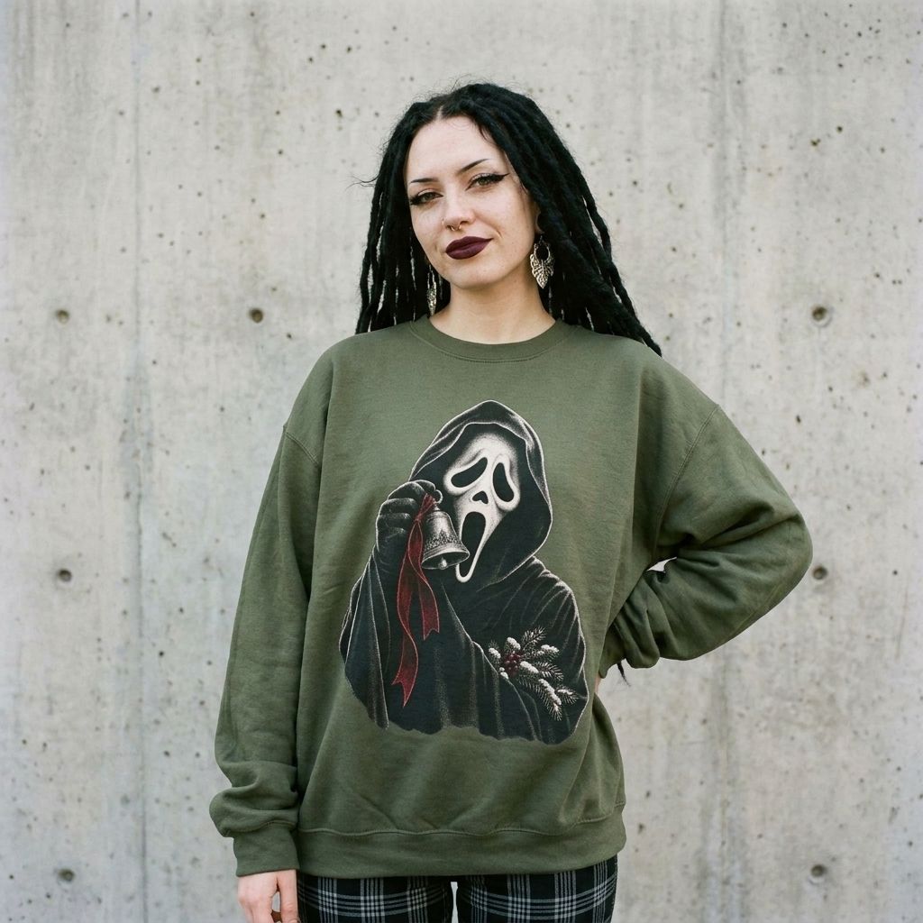 Model wearing Ghostface Christmas Bell Sweatshirt against a cement wall