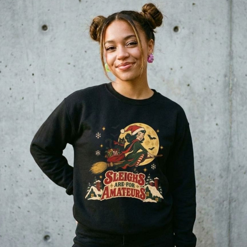 Model wearing Sleighs Are for Amateurs Christmas Sweatshirt against a cement wall