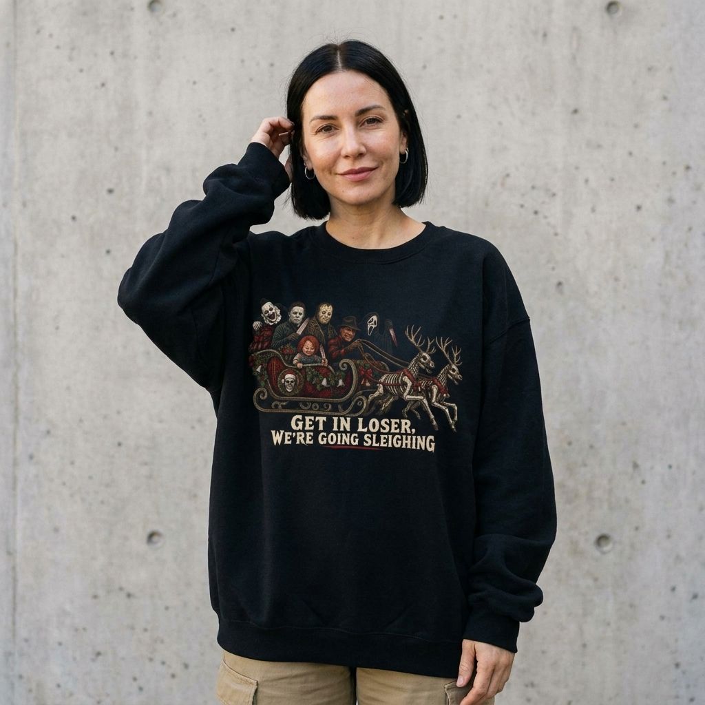 Model wearing Get In Loser We're Going Sleighing Crewneck Sweatshirt against a cement wall