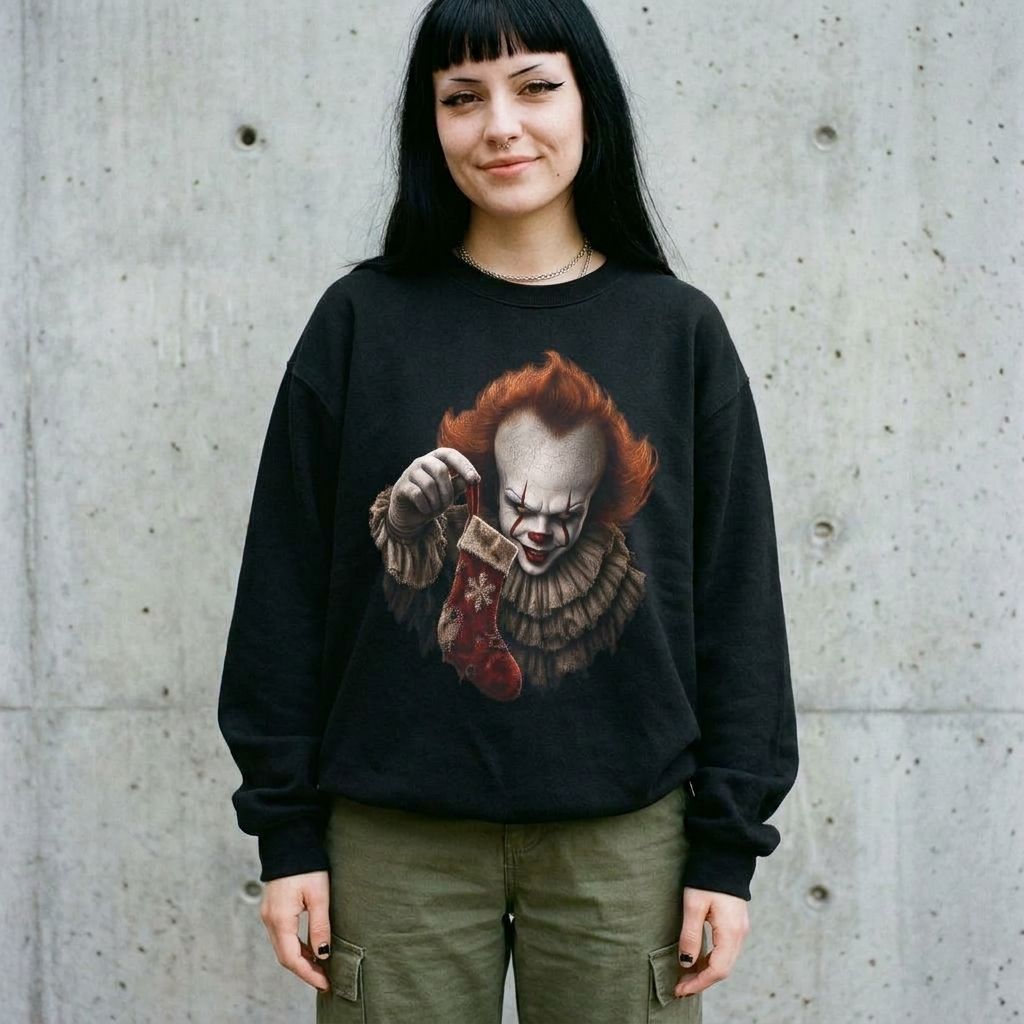 Model wearing Pennywise Christmas Crewneck Sweatshirt against a cement wall
