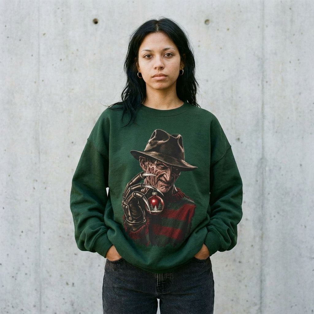 Model wearing Freddy Krueger Christmas Ornament Sweatshirt against a cement wall