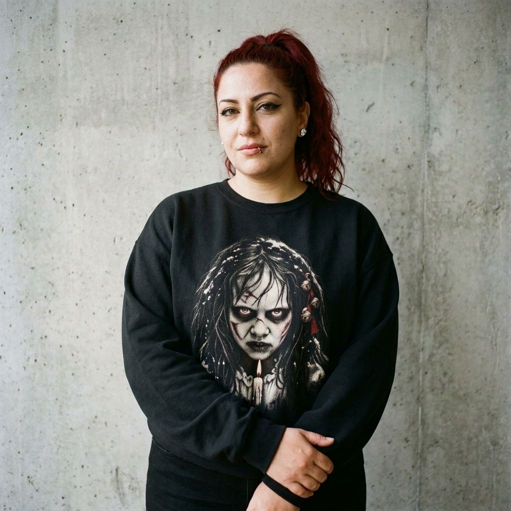 Model wearing The Exorcist Christmas Sweatshirt against a cement wall