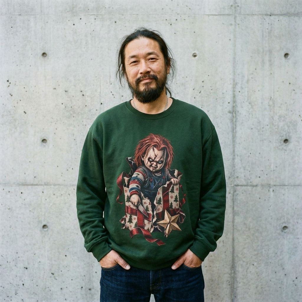 Model wearing Chucky Doll Christmas Sweatshirt against a cement wall