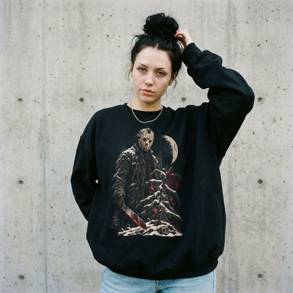 Model wearing Jason Voorhees Holiday Sweatshirt against a cement wall