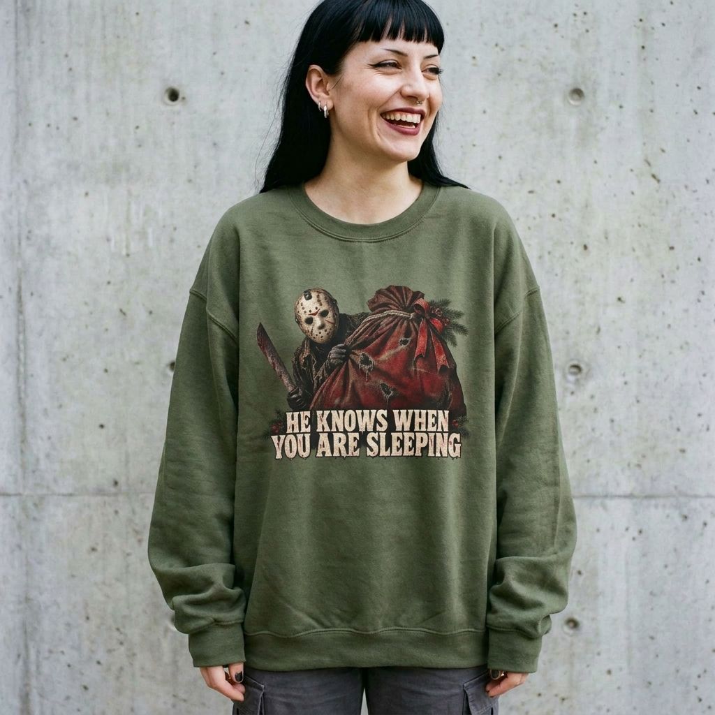 Model wearing Jason Voorhees Christmas Sweatshirt against a cement wall