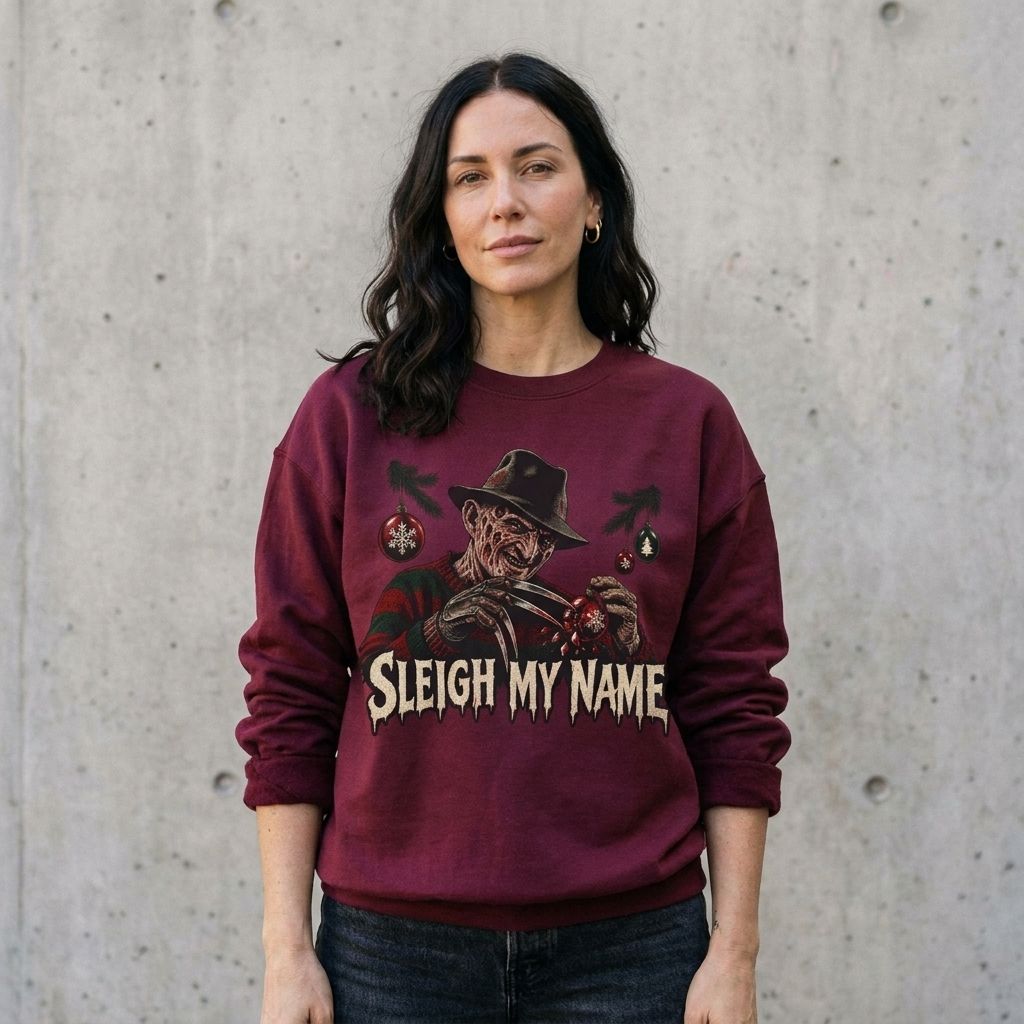 Model wearing Freddy Krueger Sleigh My Name Christmas Sweatshirt against a cement wall