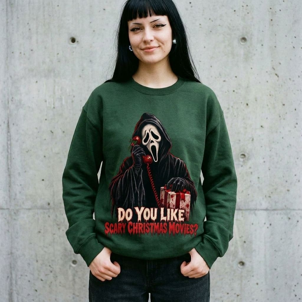 Model wearing Ghostface Do You Like Scary Movies? Christmas Sweatshirt against a cement wall