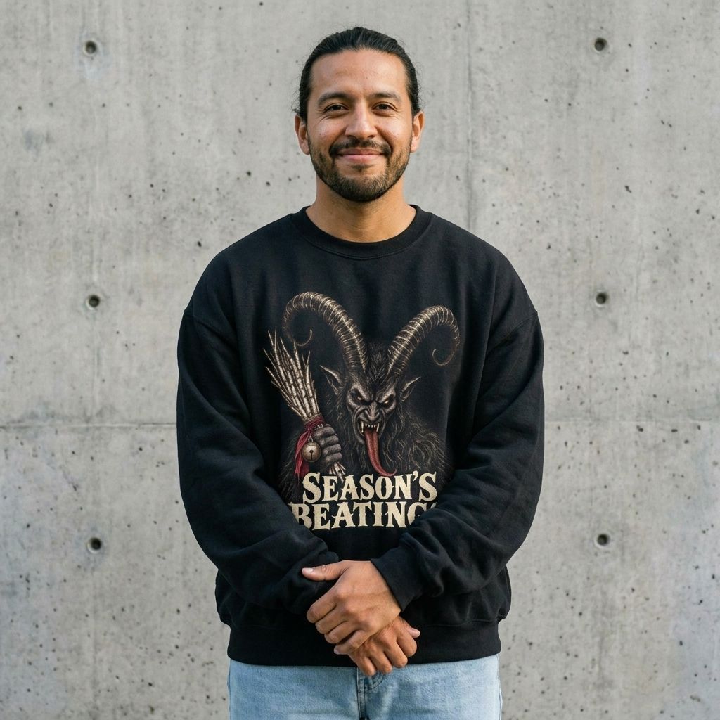 Model wearing Season's Beatings Crewneck Sweatshirt against a cement wall