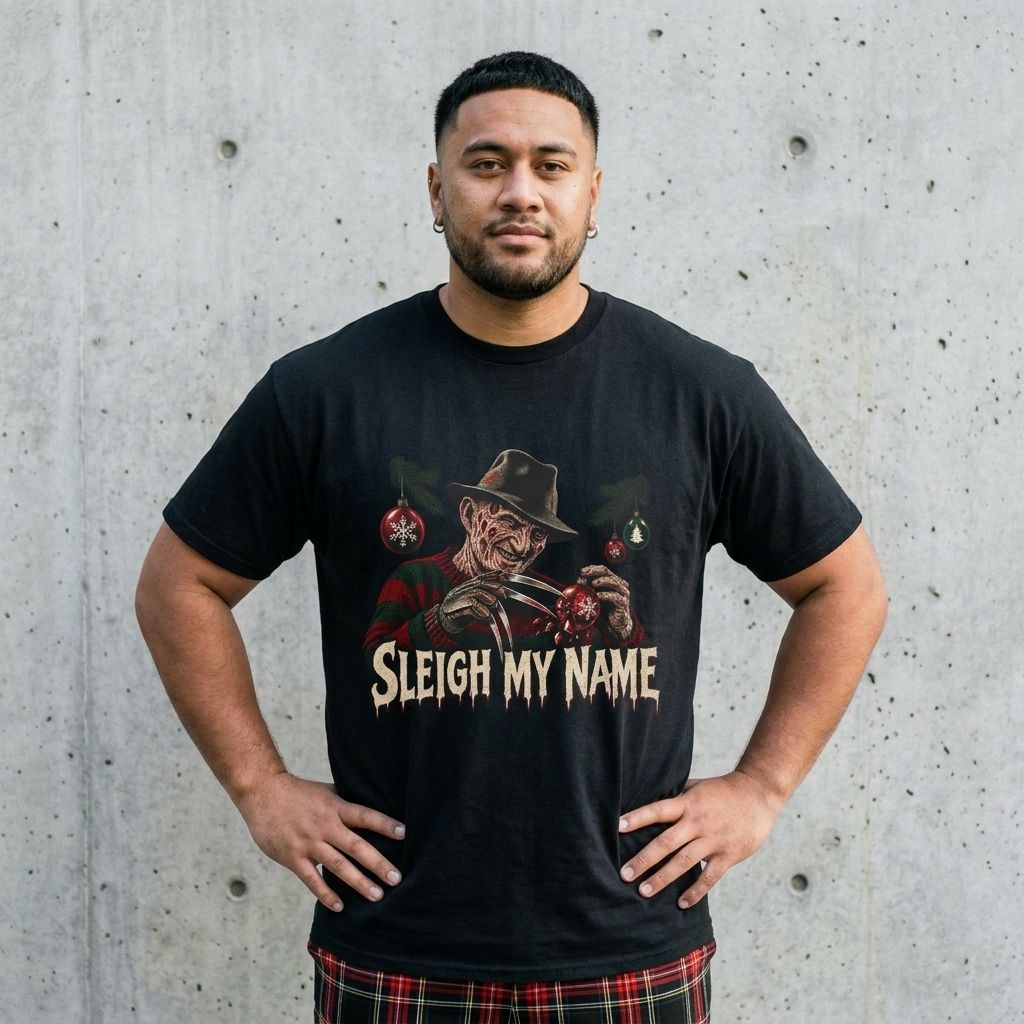 Model wearing Freddy Krueger "Sleigh My Name" Christmas Tee against a cement wall