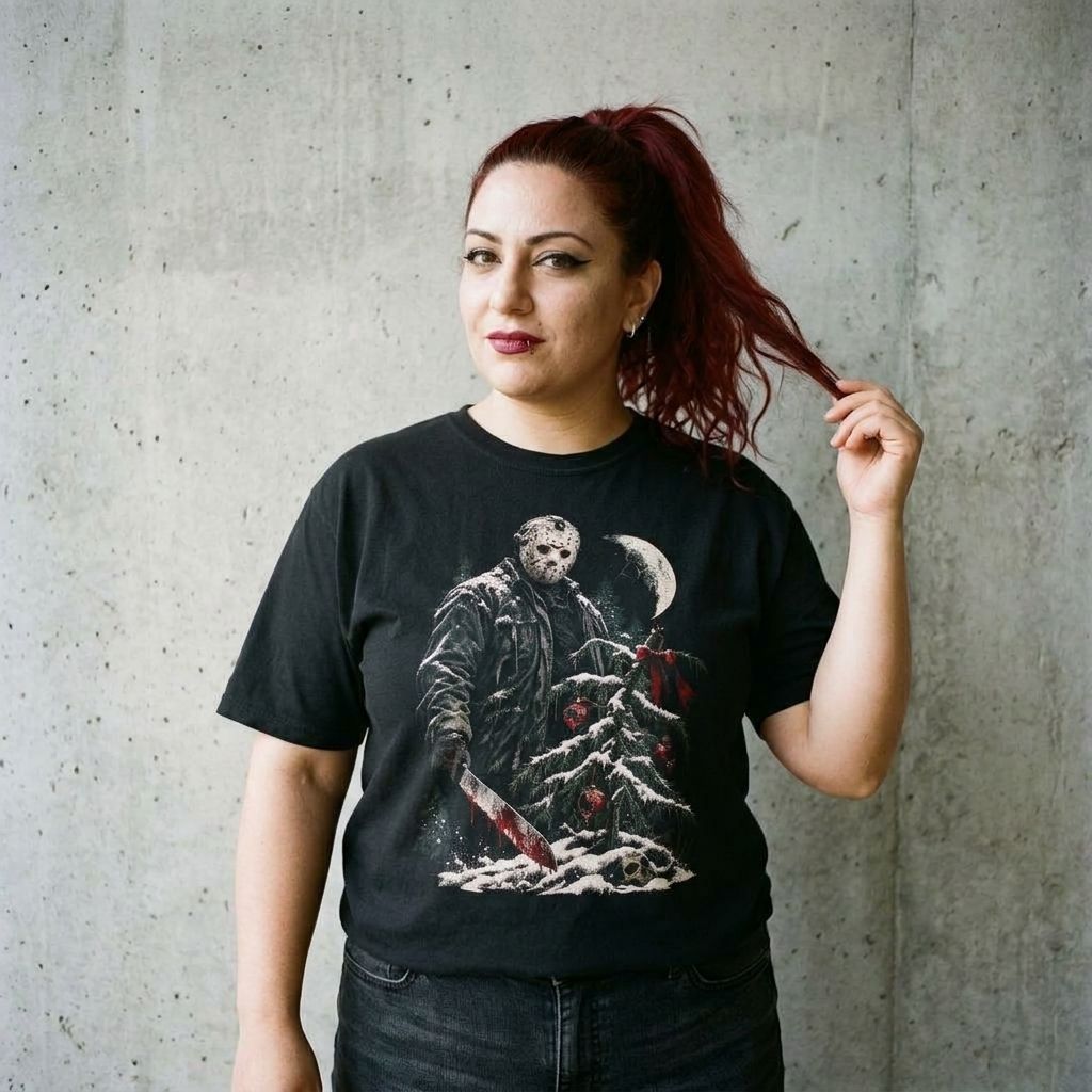 Model wearing Jason Voorhees Tree Killer Christmas Tee against a cement wall