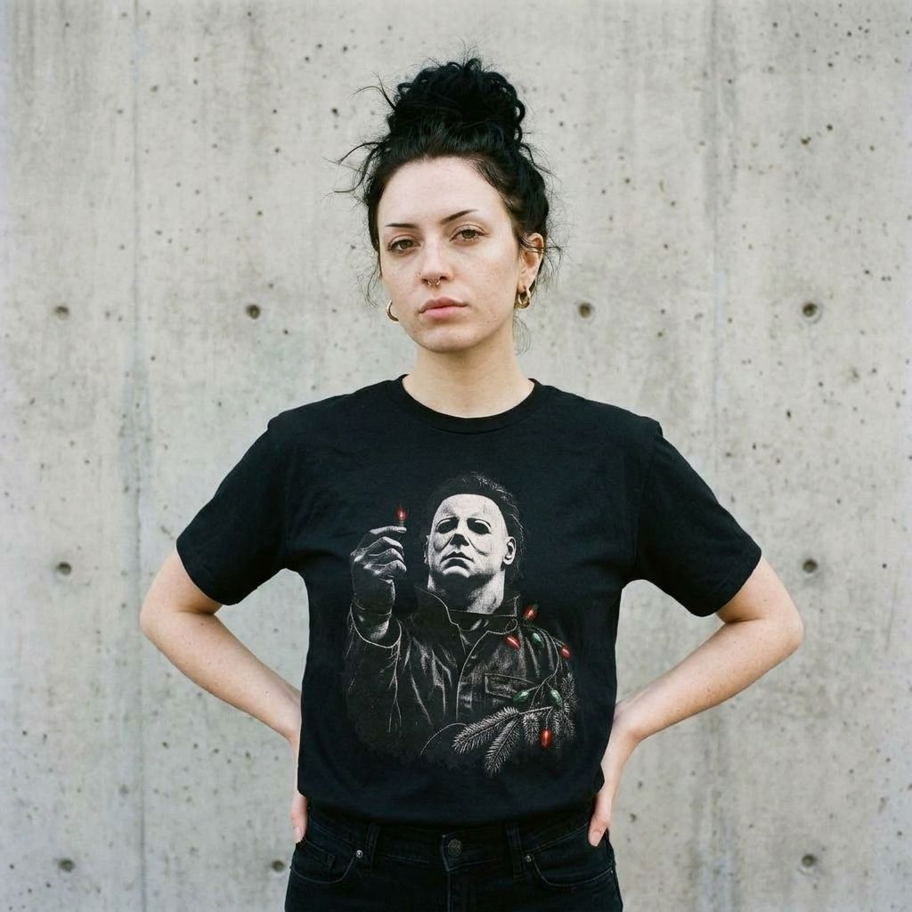 Model wearing Michael Myers Christmas Lights Tee against a cement wall