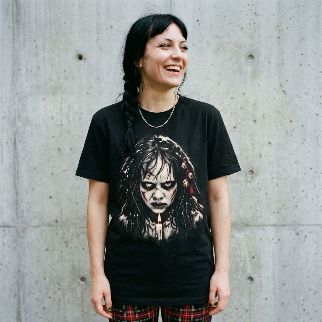 Model wearing The Exorcist Christmas Horror Tee against a cement wall