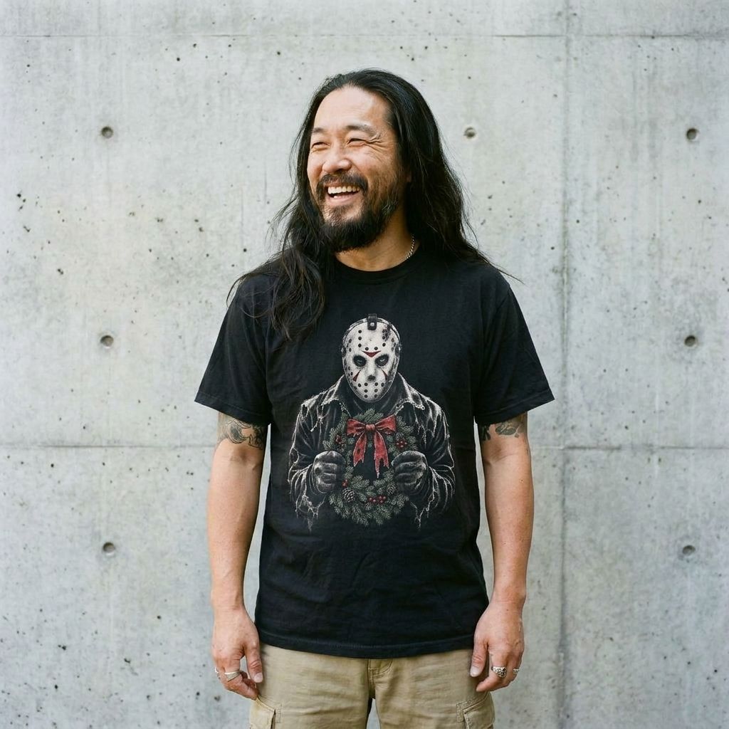 Model wearing Jason Voorhees Wreath Tee against a cement wall