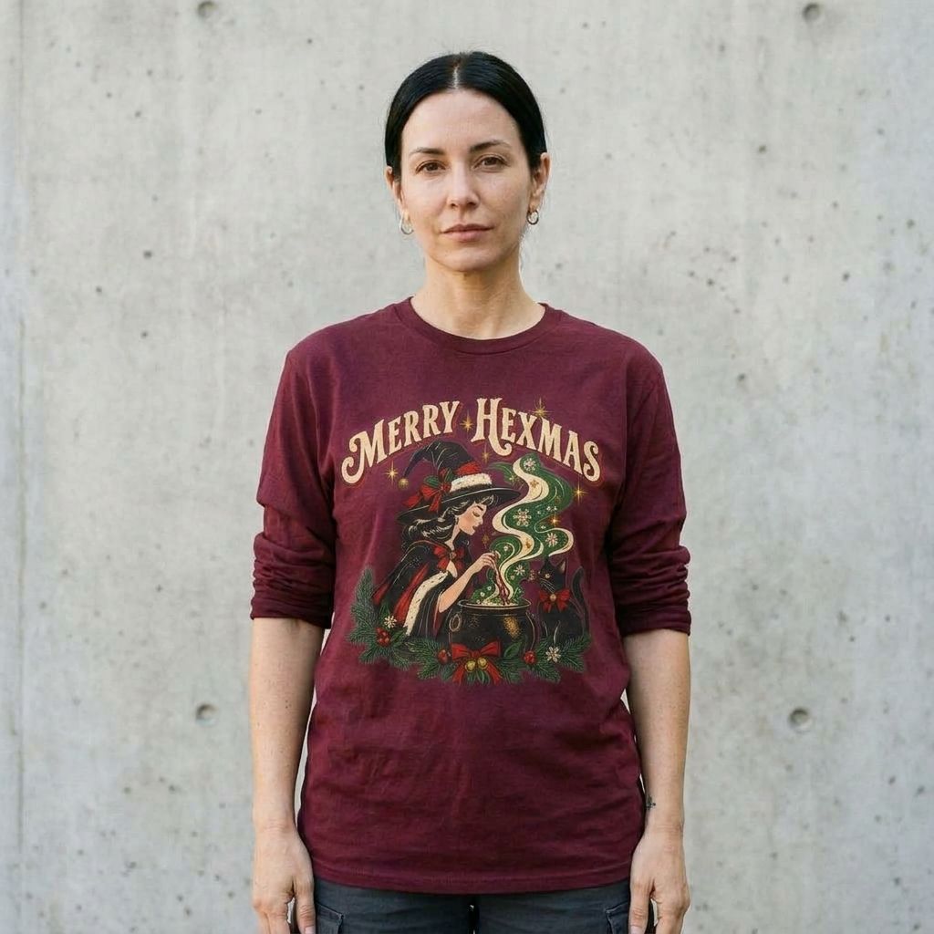 Model wearing Horror Slashers "Get In Loser We're Going Sleighing" Tee against a cement wall