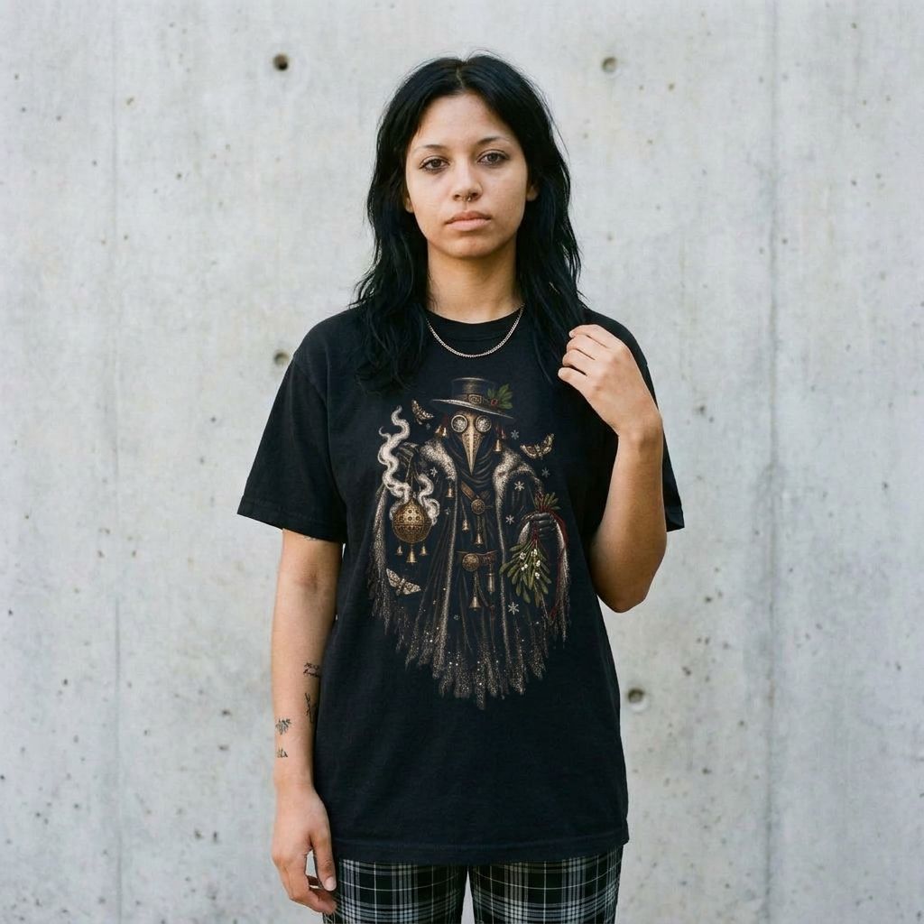 Model wearing Plague Doctor Gothic Christmas Tee against a cement wall
