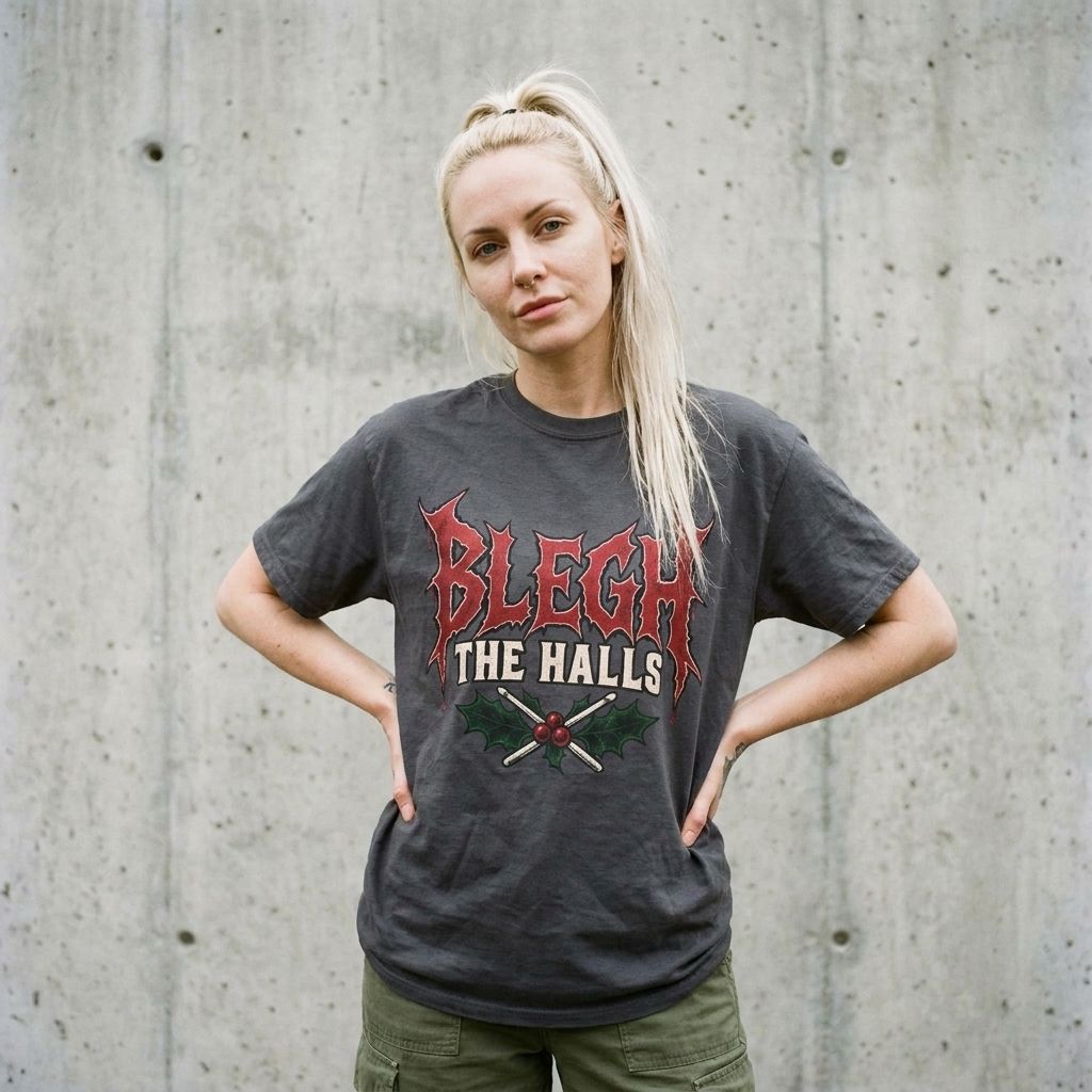 Model wearing BLEGH the Halls Metal Christmas Tee against a cement wall