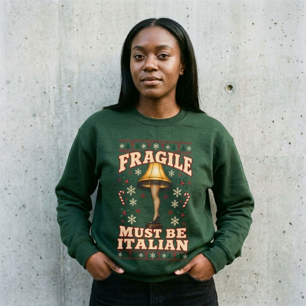 Model wearing A Christmas Story 'Fragile! Must Be Italian' Sweatshirt against a cement wall