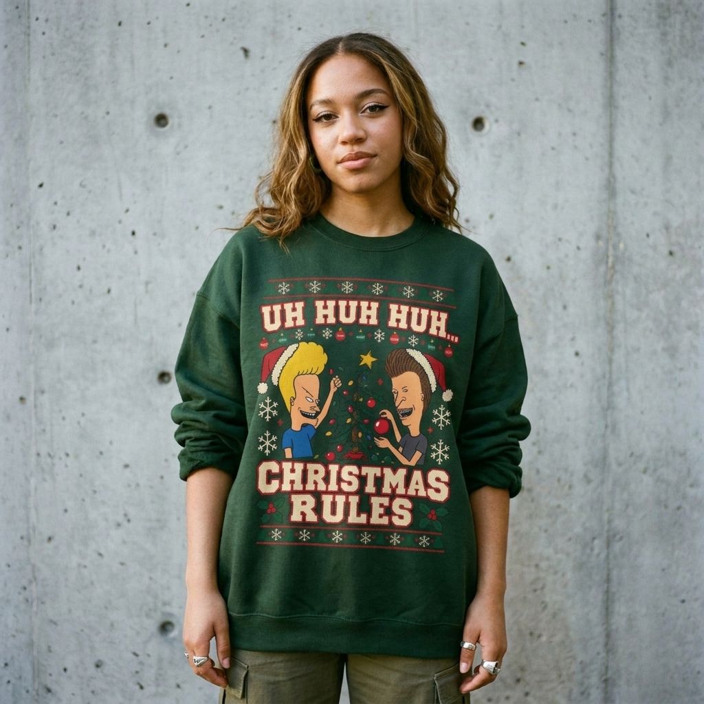 Model wearing Beavis & Butthead Christmas Rules Ugly Sweatshirt against a cement wall