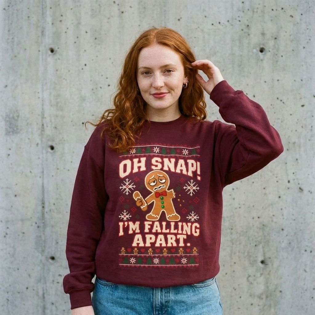 Model wearing Oh Snap I'm Falling Apart Gingerbread Christmas Sweatshirt against a cement wall