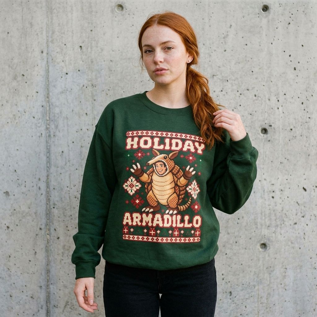 Model wearing Holiday Armadillo Christmas Crewneck Sweatshirt against a cement wall