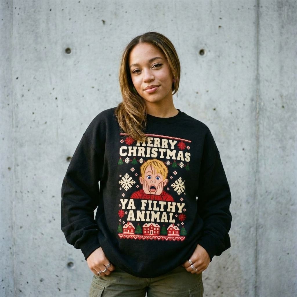 Model wearing Merry Christmas Ya Filthy Animal Sweatshirt against a cement wall