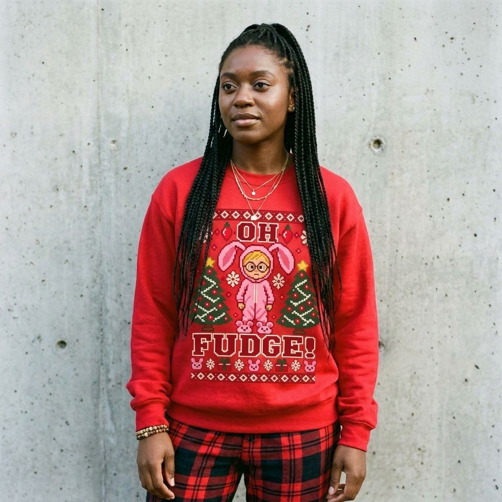 Model wearing Oh Fudge A Christmas Story Sweatshirt against a cement wall