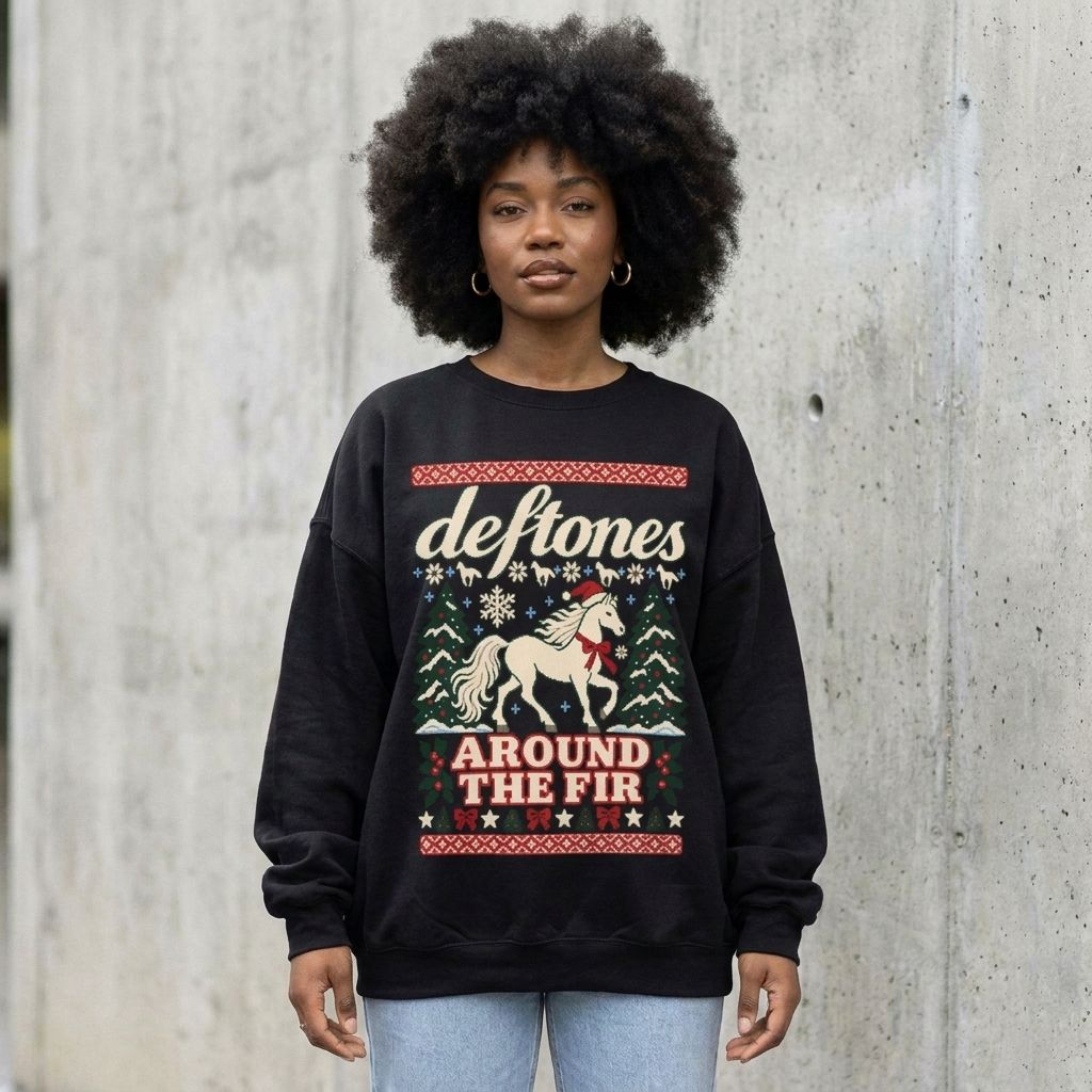Model wearing Deftones Around the Fir Christmas Crewneck Sweatshirt against a cement wall