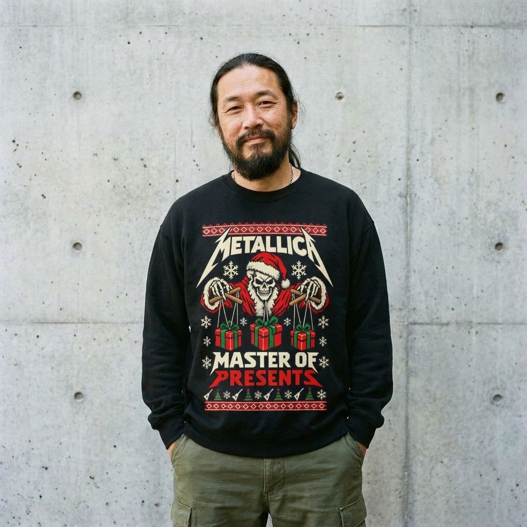 Model wearing Metallica Master of Presents Christmas Sweatshirt against a cement wall