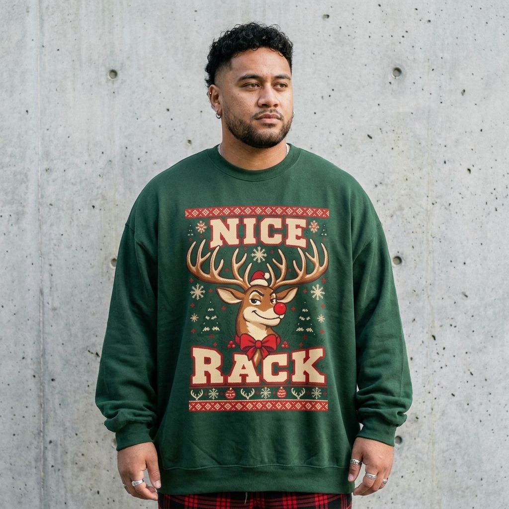Model wearing Nice Rack Reindeer Christmas Sweatshirt against a cement wall