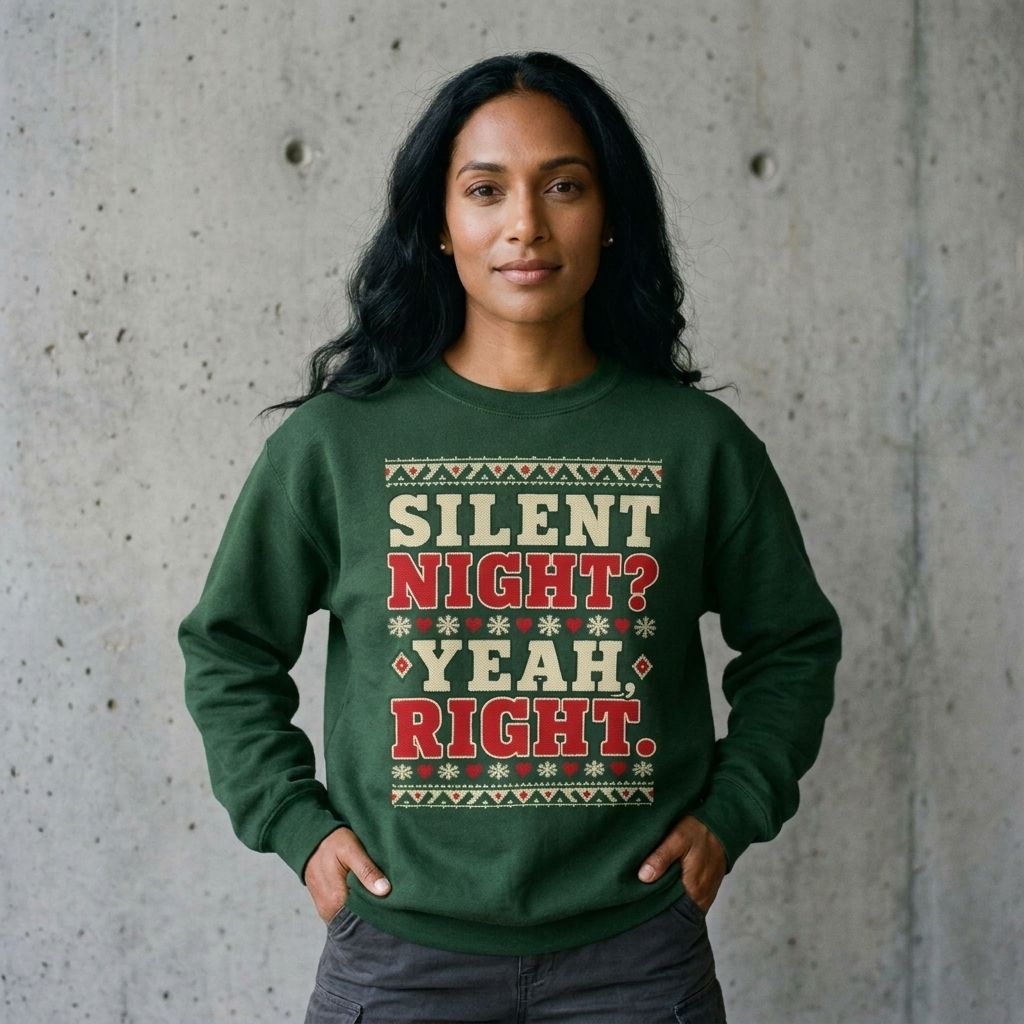 Model wearing Silent Night? Yeah Right Christmas Crewneck Sweatshirt against a cement wall