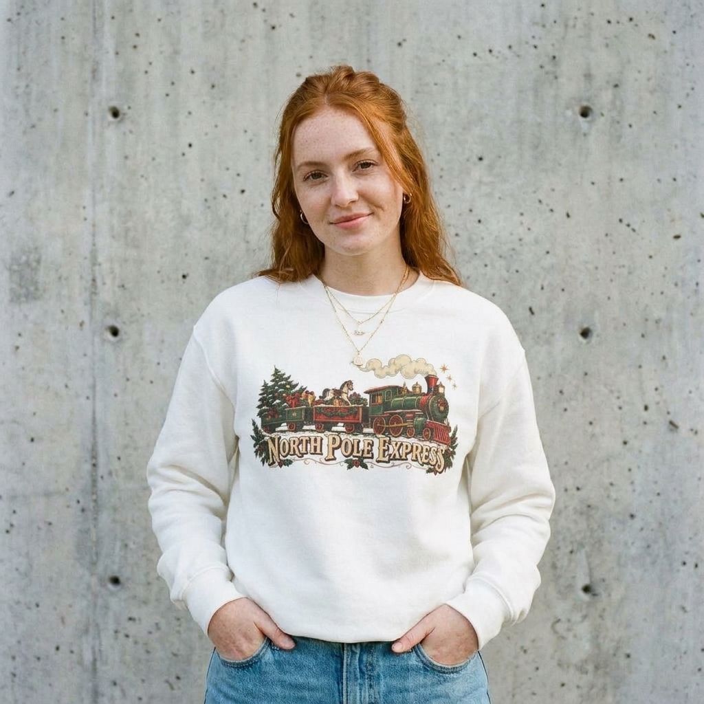 Model wearing North Pole Express Christmas Sweatshirt against a cement wall