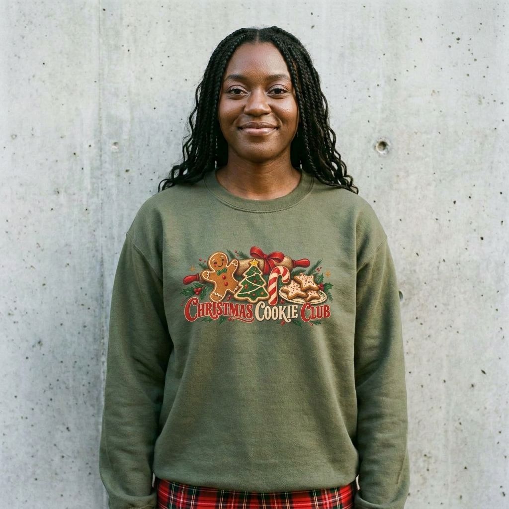Model wearing Christmas Cookie Club Crewneck Sweatshirt against a cement wall