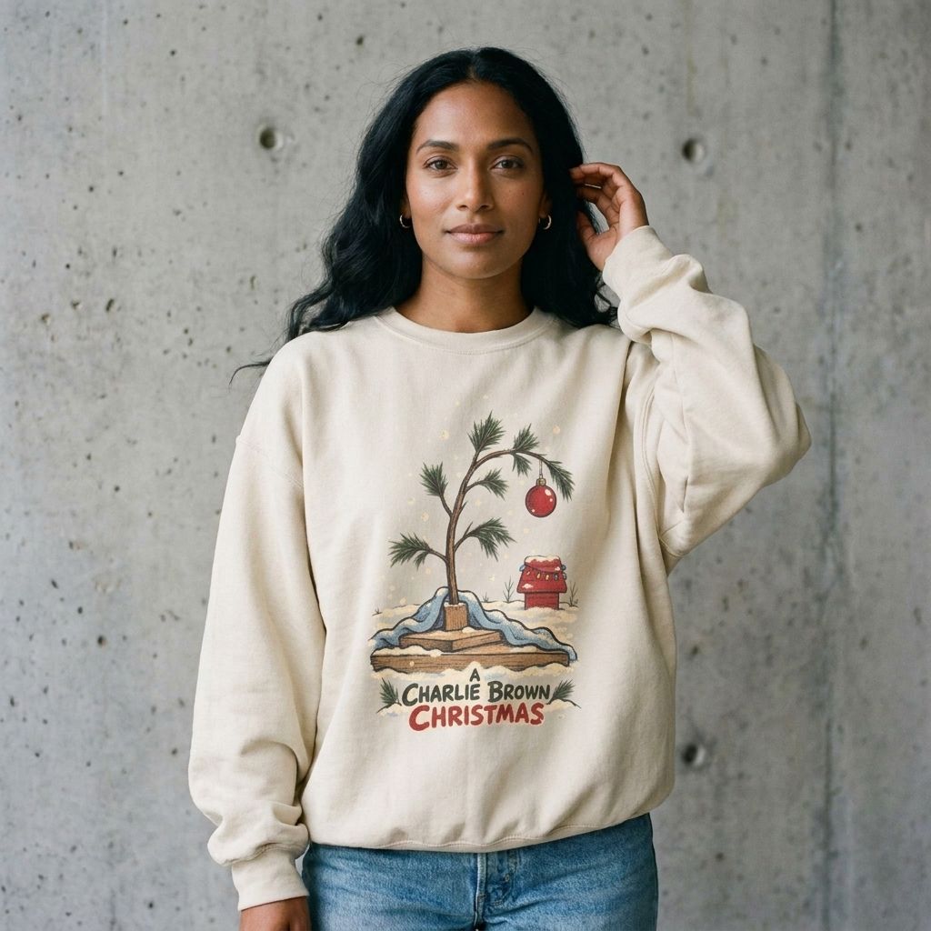 Model wearing Charlie Brown Christmas Sweatshirt against a cement wall