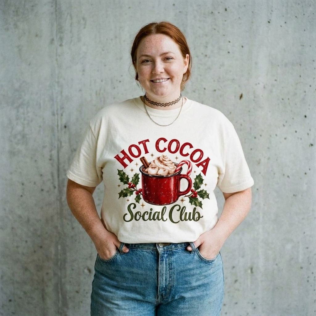 Model wearing Hot Cocoa Social Club Tee against a cement wall