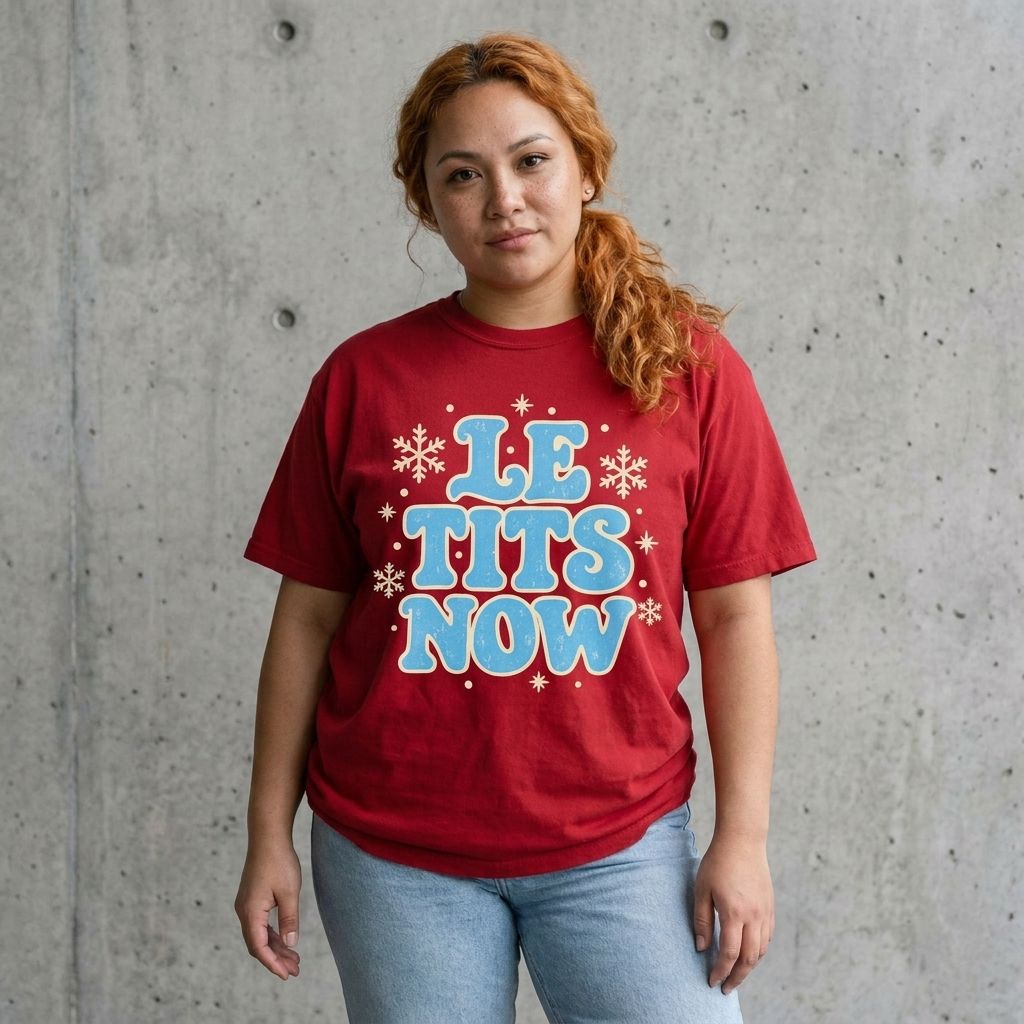 Model wearing Holiday 'Le Tits Now' Graphic Tee against a cement wall