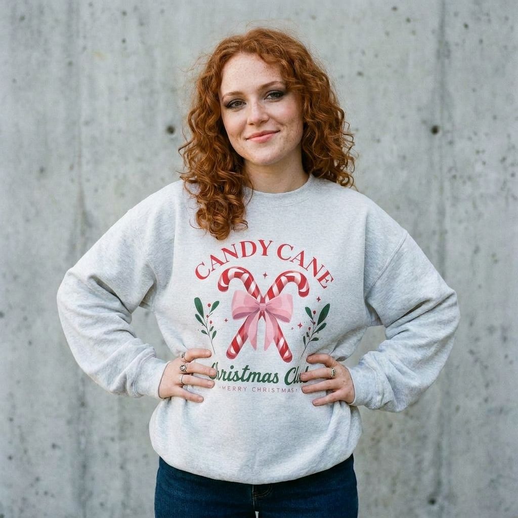 Model wearing Candy Cane Christmas Club Crewneck Sweatshirt against a cement wall