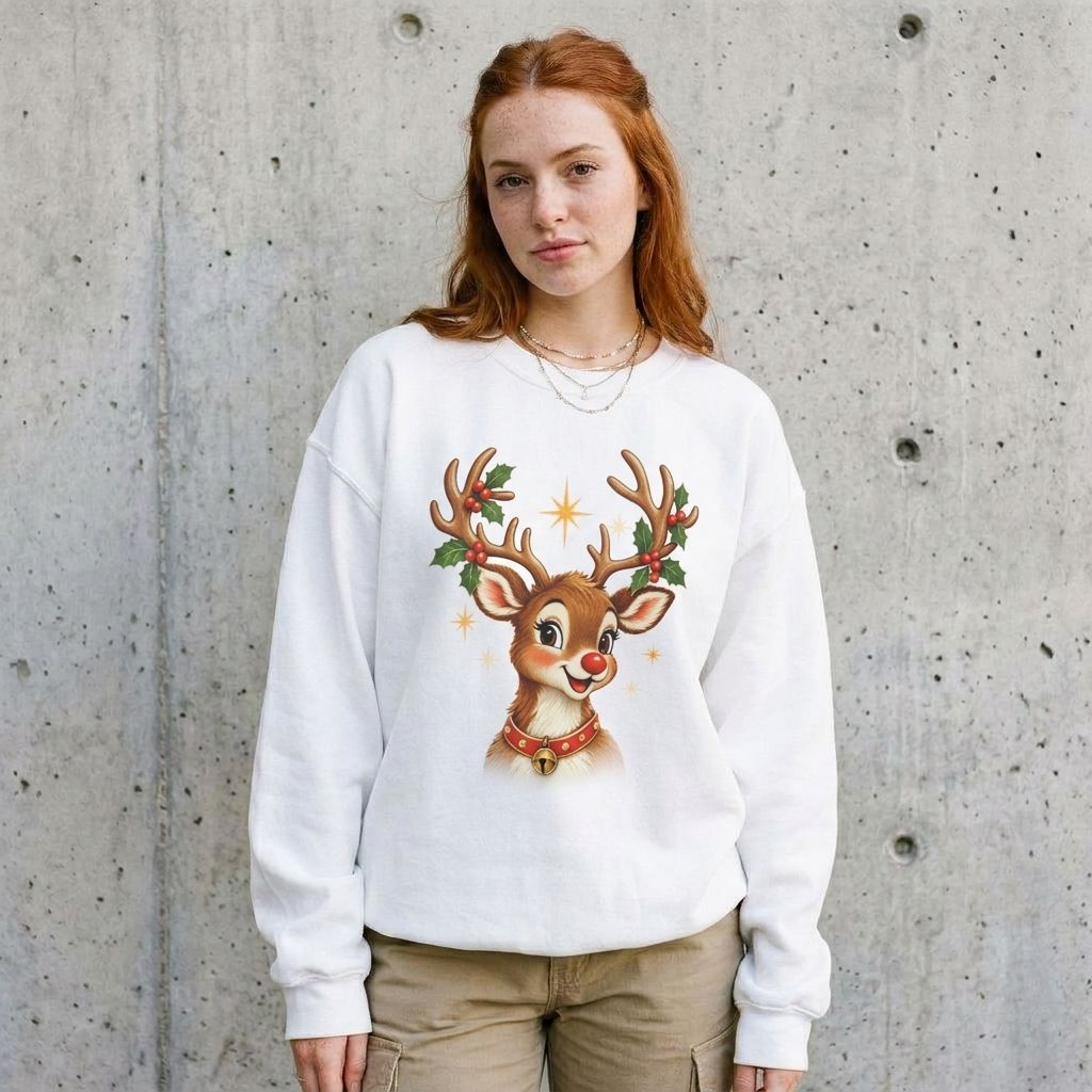 Model wearing Vintage Rudolph Christmas Sweatshirt against a cement wall