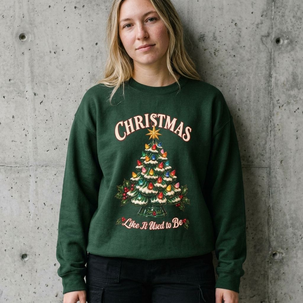 Model wearing Vintage Ceramic Christmas Tree Crewneck Sweatshirt against a cement wall