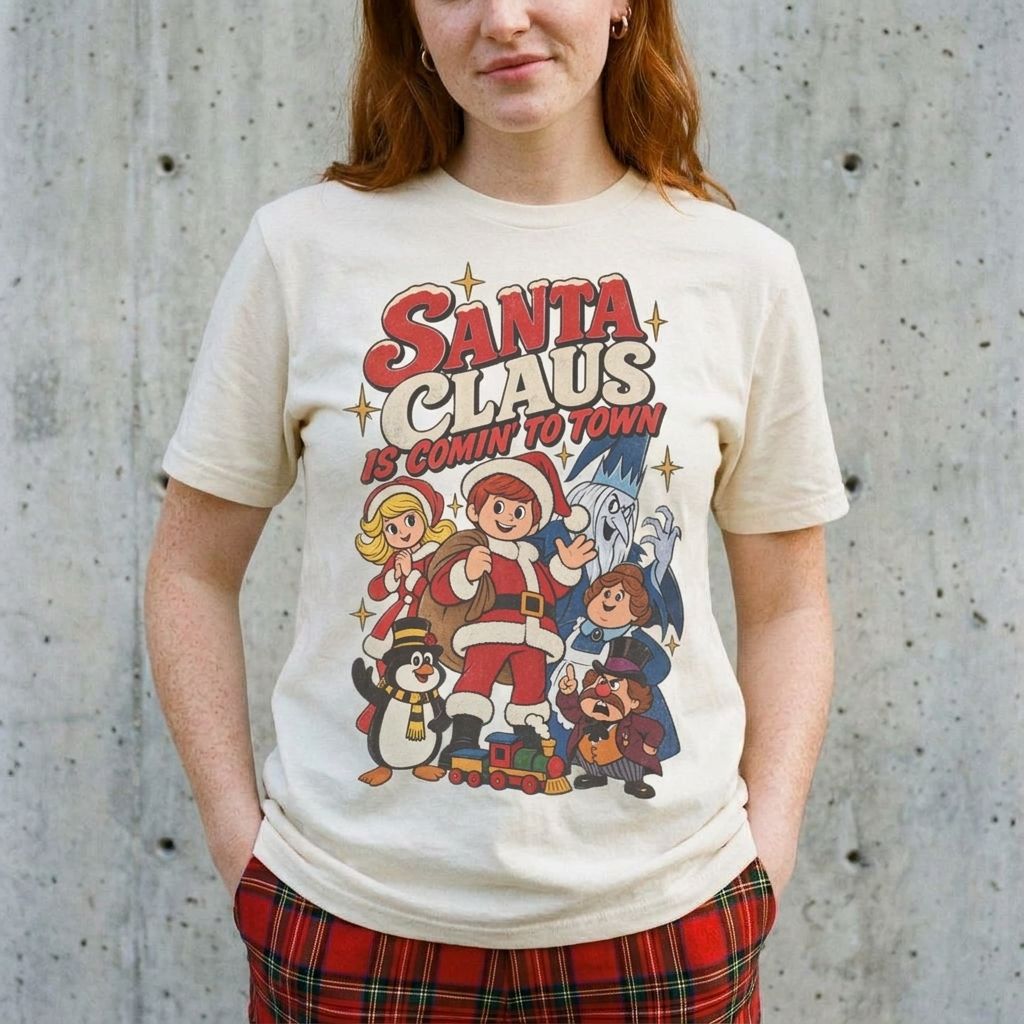 Model wearing Santa Claus Is Comin' To Town Christmas Tee against a cement wall