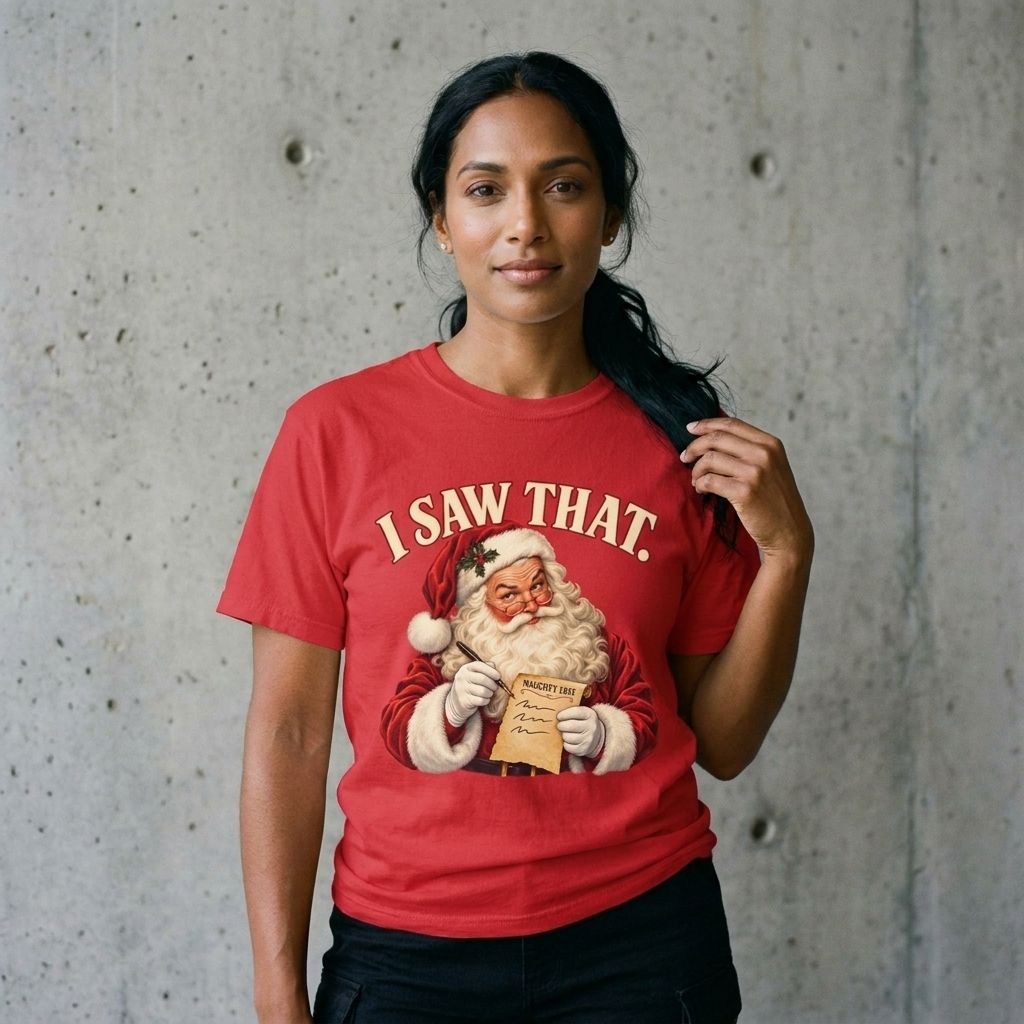 Model wearing Santa Claus "I Saw That" Graphic Tee against a cement wall