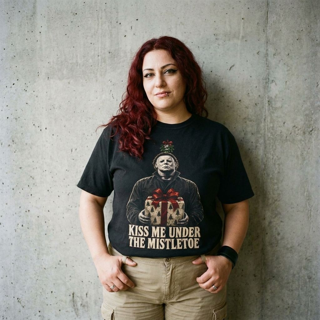 Model wearing Michael Myers Kiss Me Under the Mistletoe Tee against a cement wall