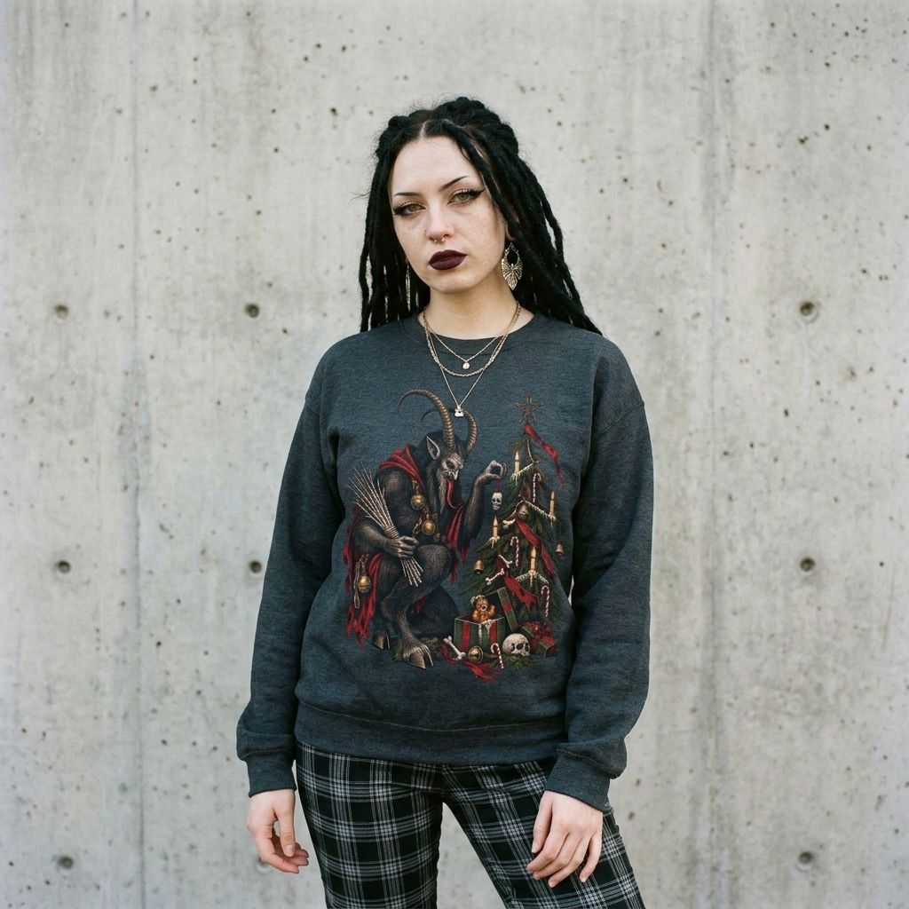 Model wearing Krampus Skull Tree Christmas Sweatshirt against a cement wall