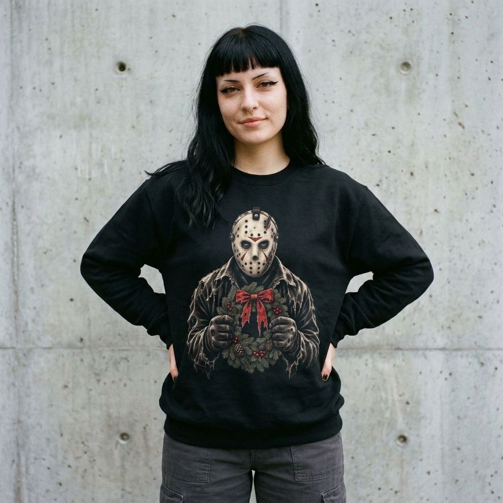 Model wearing Jason Voorhees Christmas Wreath Sweatshirt against a cement wall