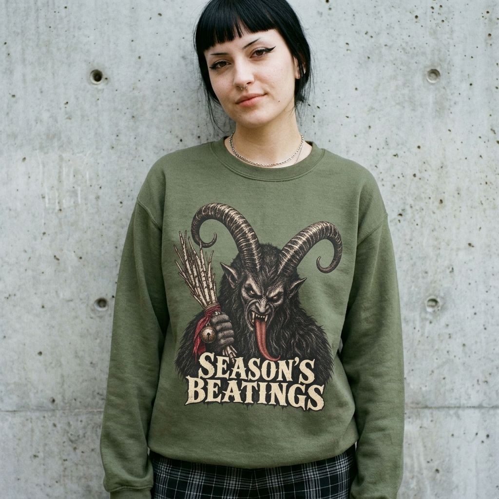 Model wearing Krampus Season's Beatings Christmas Sweatshirt against a cement wall
