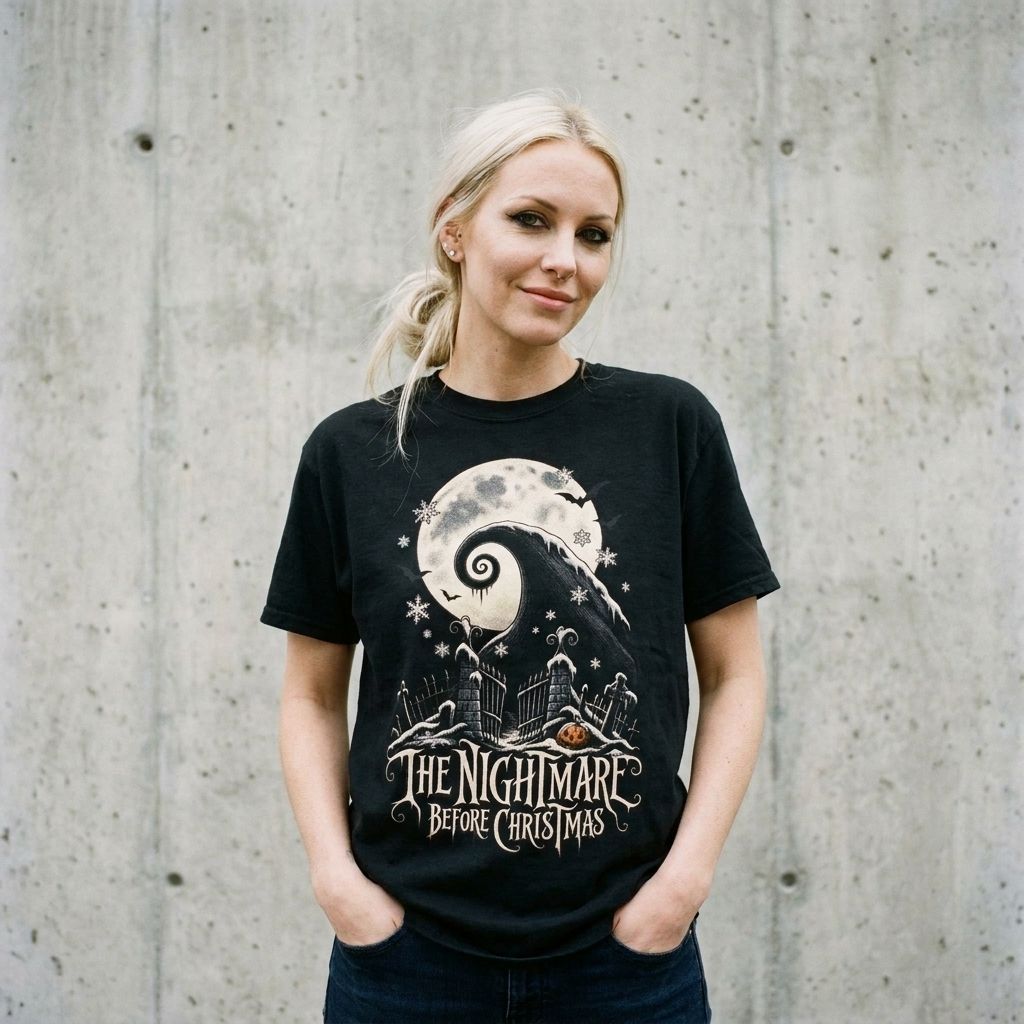Model wearing Nightmare Before Christmas Tee against a cement wall