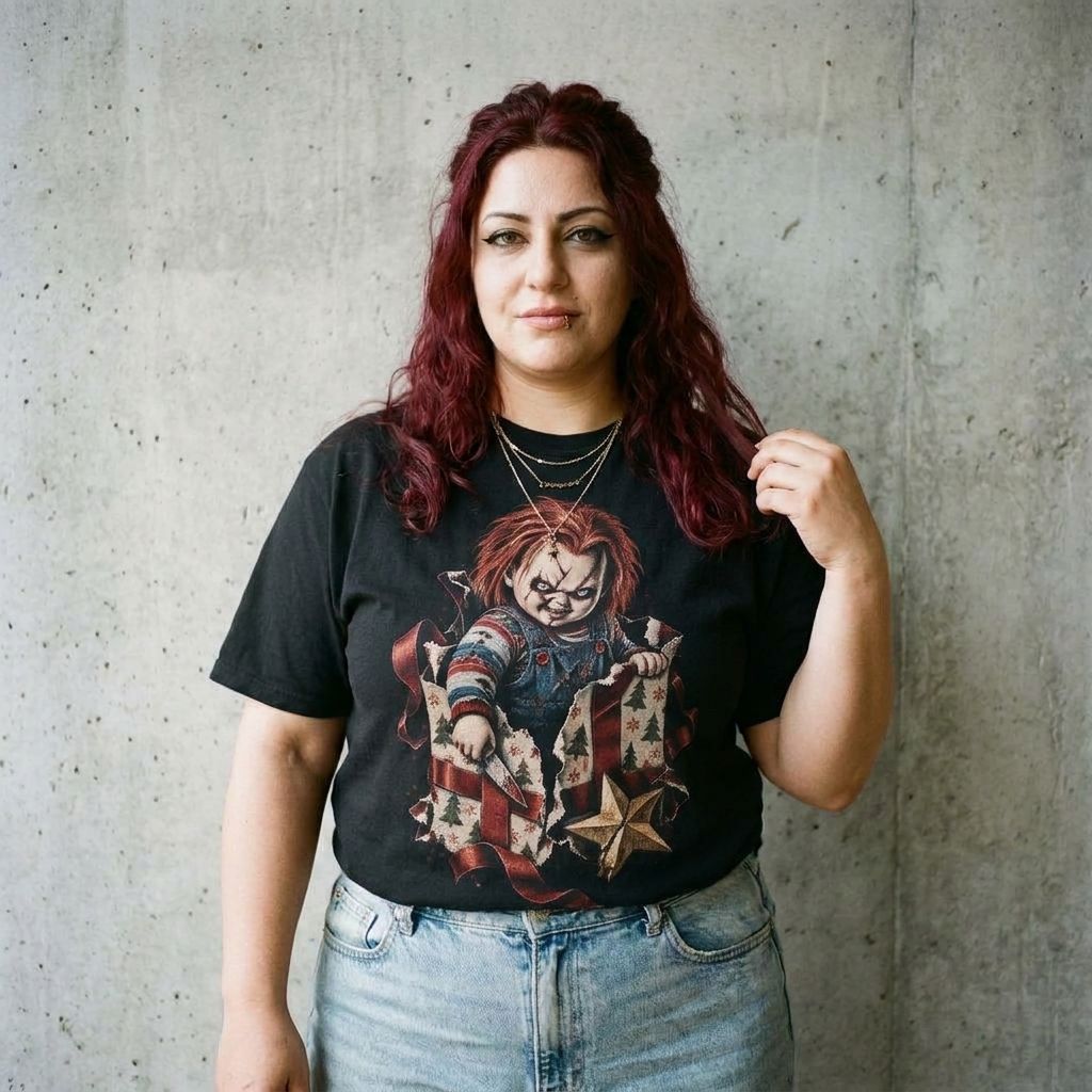 Model wearing Child's Play Chucky Christmas Tee against a cement wall
