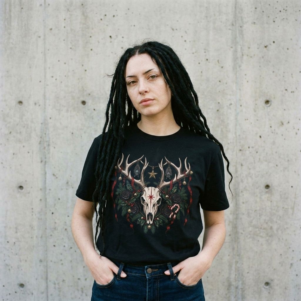 Model wearing Deer Skull Christmas Tee against a cement wall
