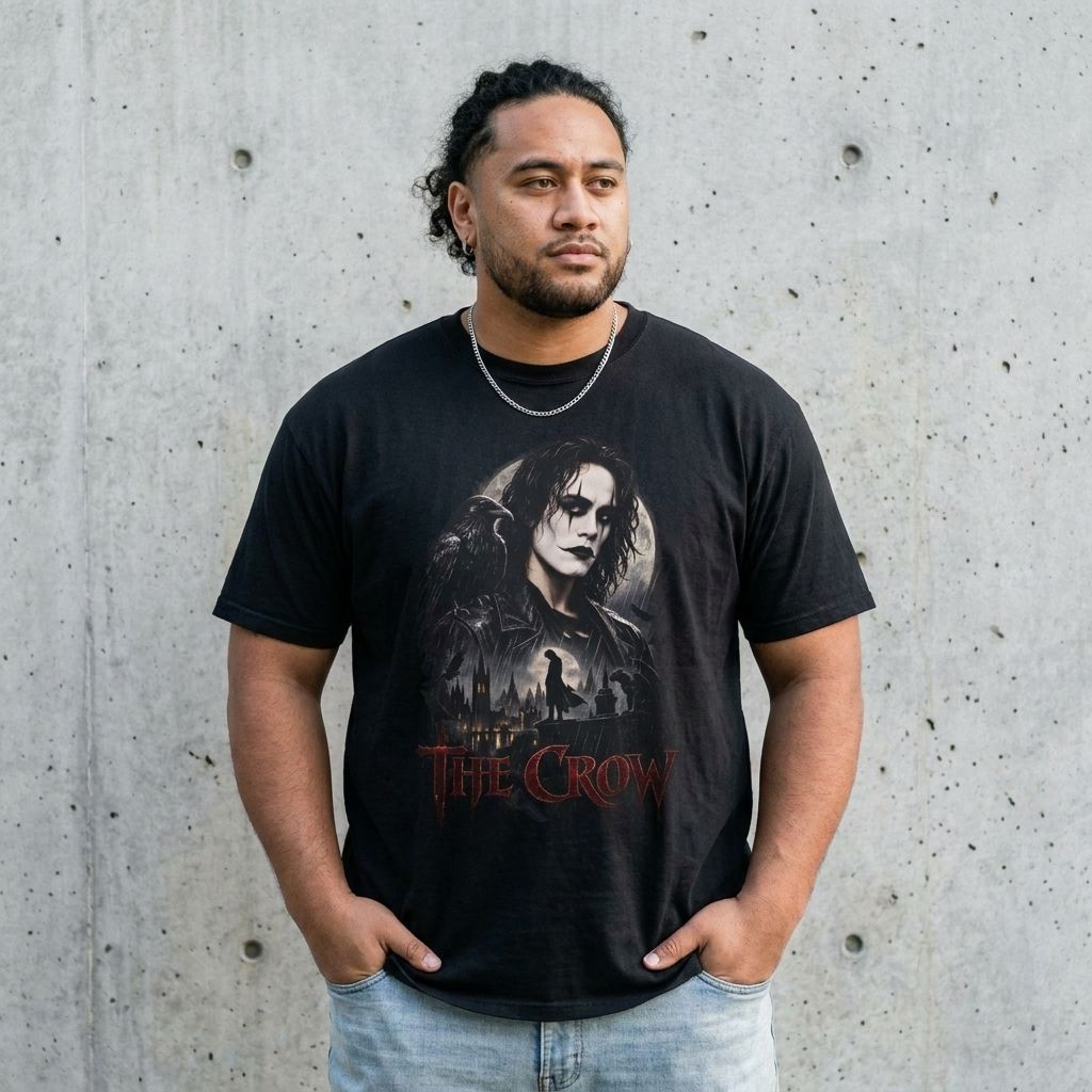 Model wearing The Crow Graphic Tee against a cement wall