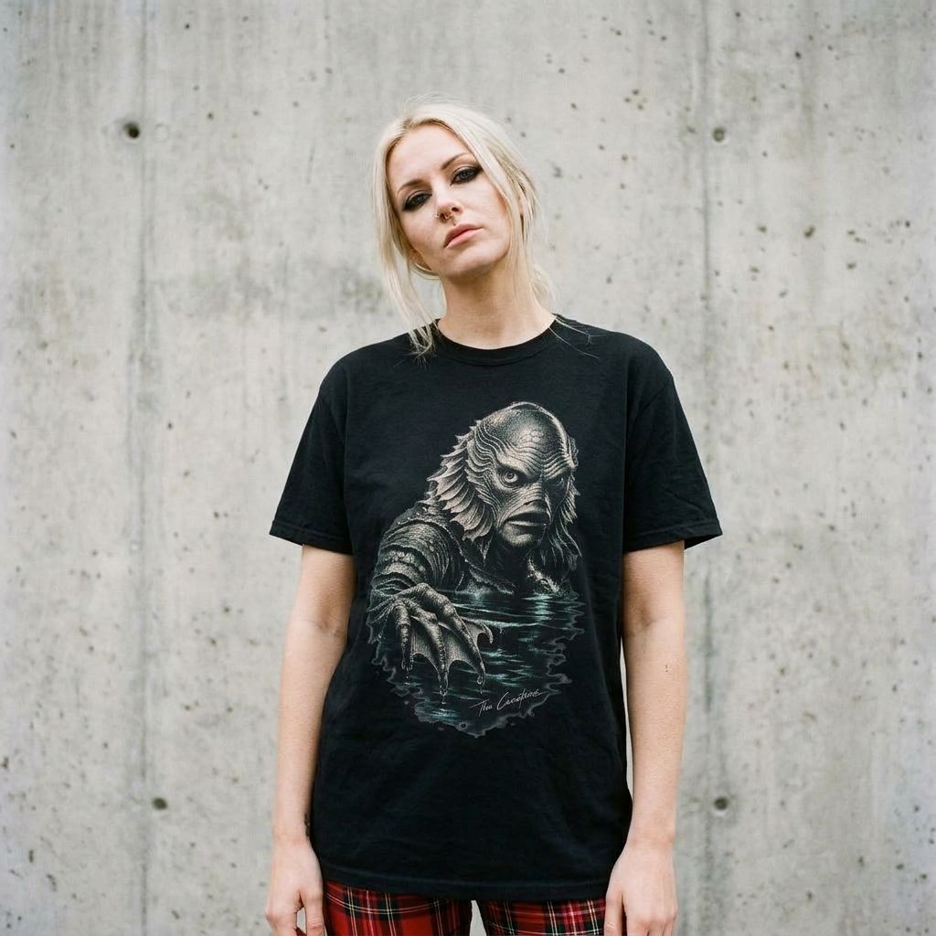 Model wearing Creature of the Black Lagoon Graphic Tee against a cement wall