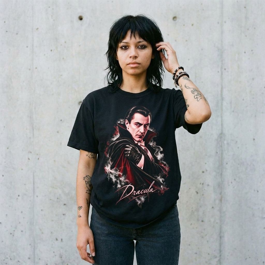 Model wearing Dracula Portrait Tee – Classic Vampire Horror Graphic against a cement wall